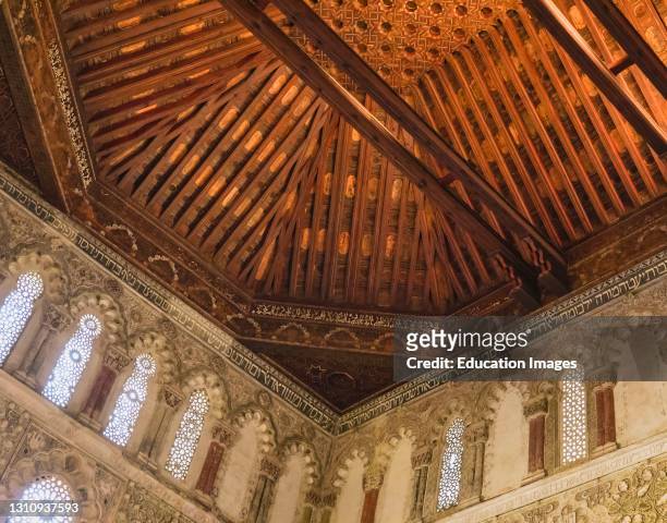 Intricately patterned wooden artesonado ceiling and stucco decoration. Synagogue of El Transito , founded in the 1350Ís. Toledo, Toledo Province,...