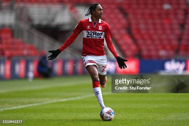 Djed Spence of Middlesbrough in action during the Sky Bet Championship match between Middlesbrough and Watford at Riverside Stadium on April 05, 2021...
