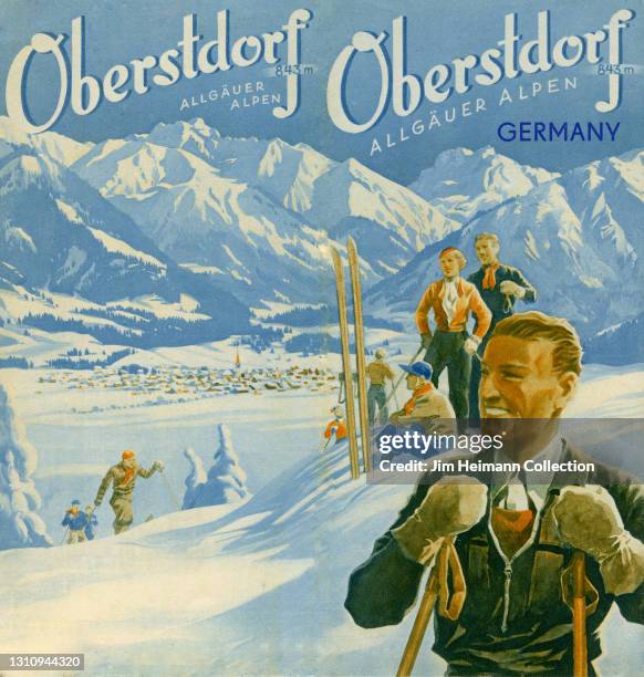 Travel brochure for the skiing and hiking town of Oberstdorf, located in the Bavarian Alps, features an illustration of people at the top of a snowy...