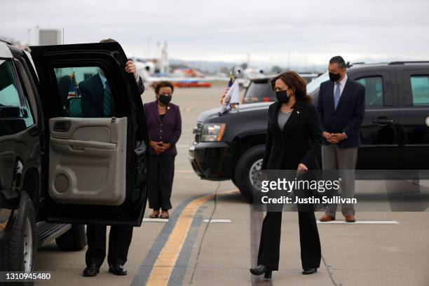 Vice President Kamala Harris walks to the motorcade as she arrives at Oakland International Airport on April 5, 2021 in Oakland, California. Vice...
