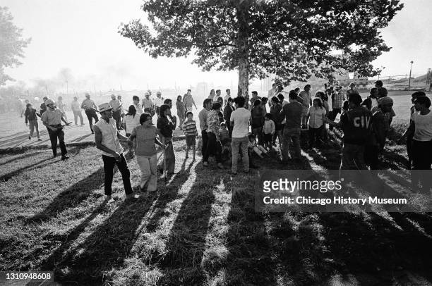 Police evict group of Native Americans from former Nike missile site at Belmont Harbor, Chicago, Illinois, July 1, 1971.