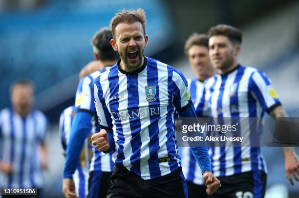 Jordan Rhodes of Sheffield Wednesday celebrates after scoring their side's fourth goal during the Sky Bet Championship match between Sheffield...