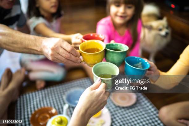 family making a celebratory toast during indoors picnic at home - tea family stock pictures, royalty-free photos & images