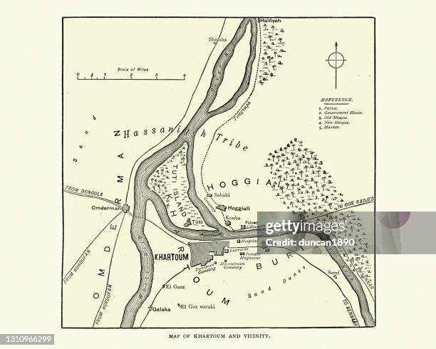 map of khartoum and vicinity at the time of siege of khartoum 1884 - old time combat stock illustrations