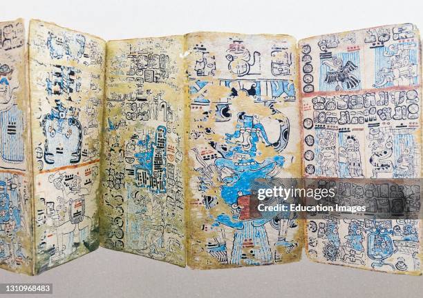 Detail of a facsimile of the 14th century Mayan Codex Cortesianus, also known as The Madrid Codex or the Troano Codex on display at the museum of El...