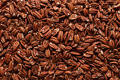 Pecan nuts background, top view. Pecans fruits texture, close-up