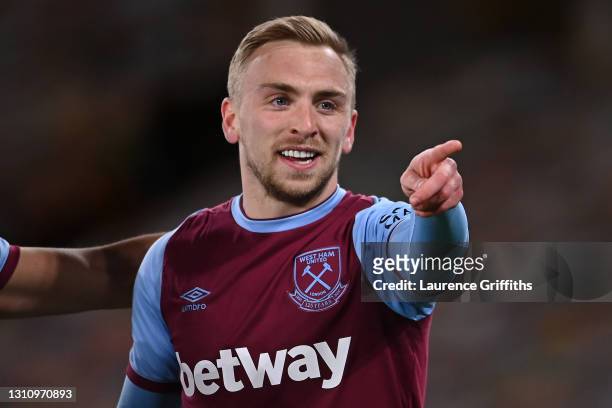 Jarrod Bowen of West Ham United celebrates after scoring their team's third goal during the Premier League match between Wolverhampton Wanderers and...