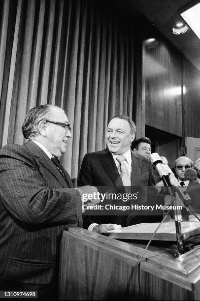 Frank Sinatra visiting Mayor Richard Daley's office, 121 North LaSalle Street, Chicago, Illinois, September 24, 1975.