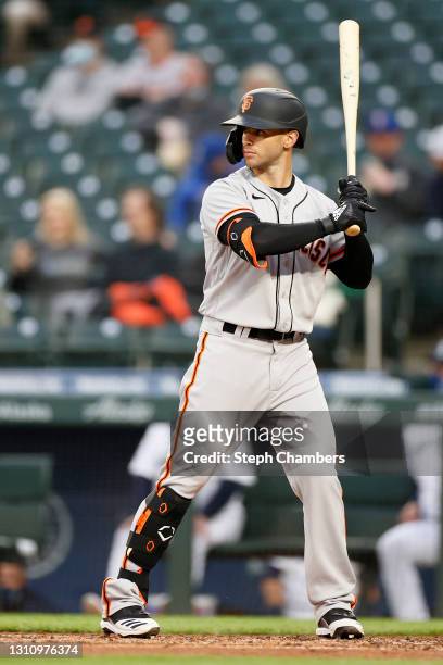 Tommy La Stella of the San Francisco Giants at bat against the Seattle Mariners at T-Mobile Park on April 03, 2021 in Seattle, Washington.