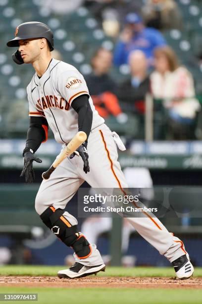 Tommy La Stella of the San Francisco Giants at bat against the Seattle Mariners at T-Mobile Park on April 03, 2021 in Seattle, Washington.