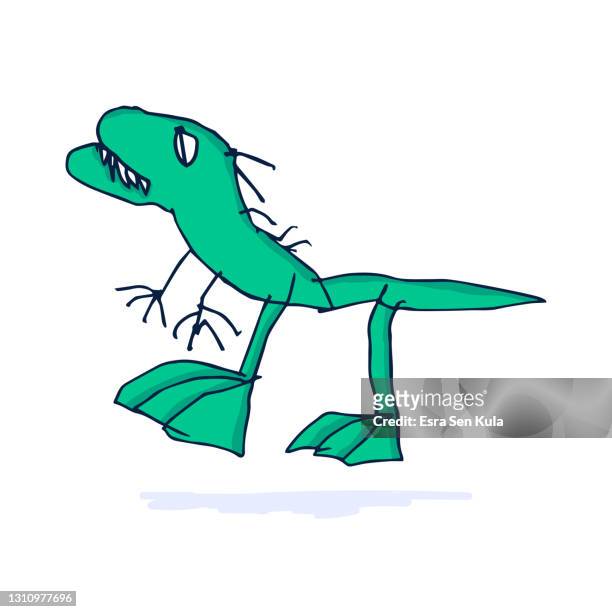 child drawing dinosaur illustration - creepy monsters from the past stock illustrations