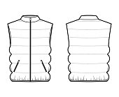 Down vest puffer waistcoat technical fashion illustration with sleeveless, collar, zip-up closure, pockets, oversized