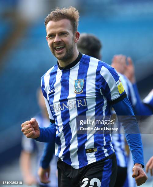 Jordan Rhodes of Sheffield Wednesday celebrates after scoring their side's fourth goal during the Sky Bet Championship match between Sheffield...