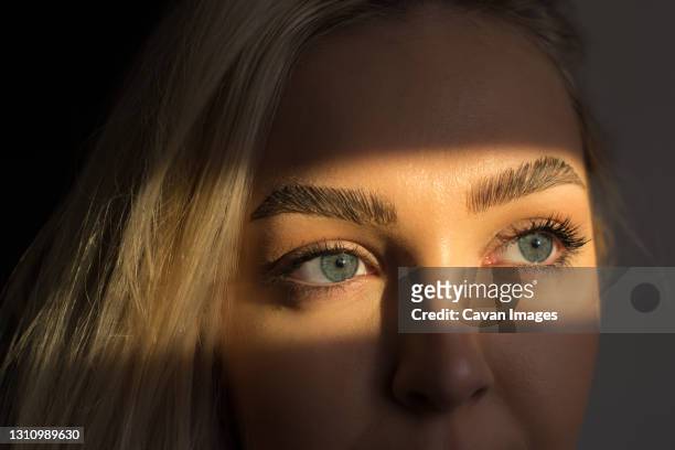 close up with blue eyes of a woman looking out the window in the - eyebrow stock pictures, royalty-free photos & images