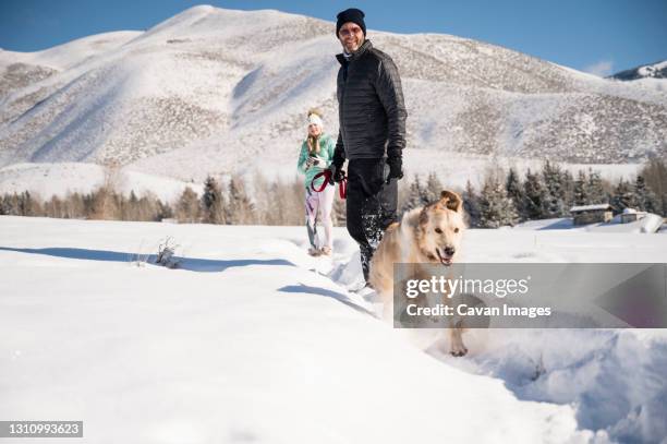 father and daughter walking dog on snowy day in ketchum, id - ketchum idaho stock pictures, royalty-free photos & images