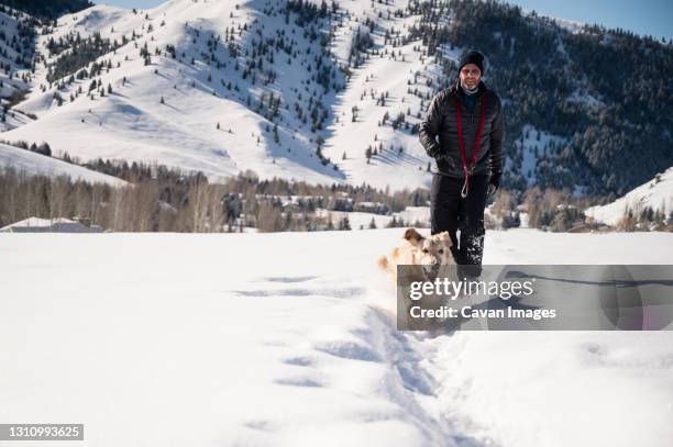 man walking dog on snowy trail on sunny day in ketchum, id - ketchum idaho stock-fotos und bilder