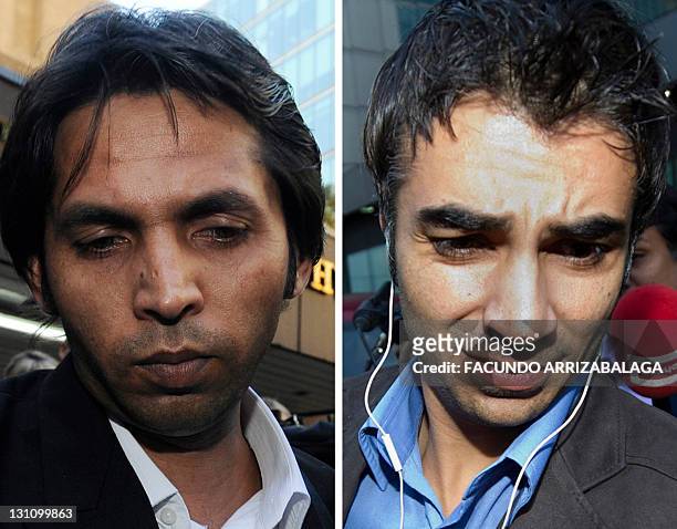 Combo of pictures taken on November 1, 2011 show Former Pakistan cricketer Mohammad Asif and former captain Salman Butt leaving Southwark Crown Court...