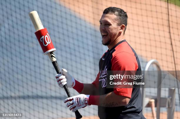 Hernan Perez of the Washington Nationals takes batting practice during a workout at Nationals Park on April 05, 2021 in Washington, DC.