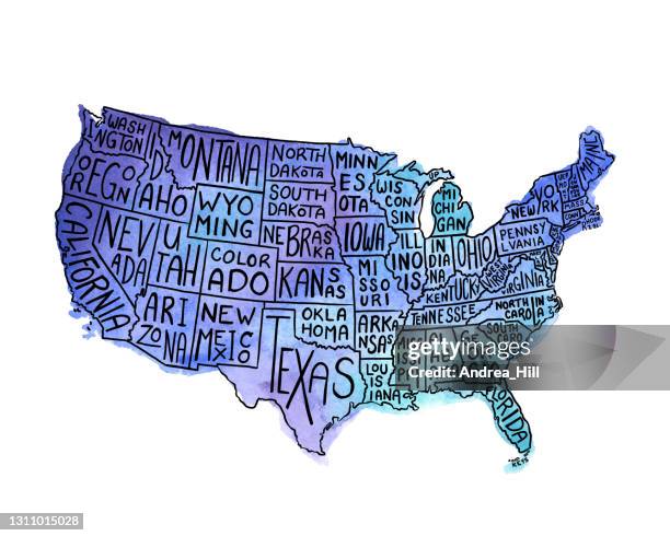 usa states map watercolor and ink illustration with state names. vector eps10 illustration - black and white map of the united states stock illustrations