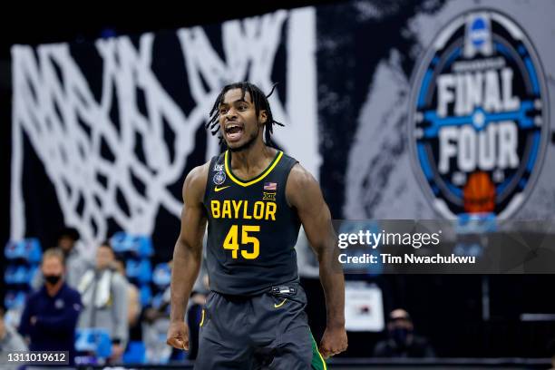 Davion Mitchell of the Baylor Bears reacts during the National Championship game of the 2021 NCAA Men's Basketball Tournament against the Gonzaga...