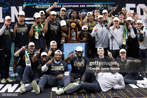 The Baylor Bears celebrate with the trophy after defeating the Gonzaga Bulldogs 86-70 in the National Championship game of the 2021 NCAA Men's...