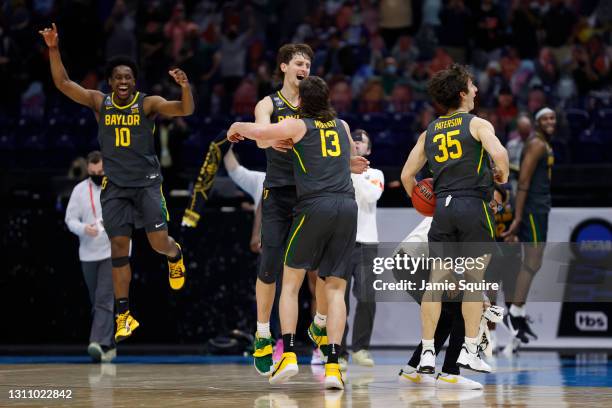 The Baylor Bears celebrate after defeating the Gonzaga Bulldogs in the National Championship game of the 2021 NCAA Men's Basketball Tournament at...