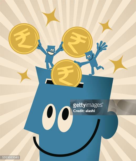 zwei kleine blaue männer, die indische rumee-währung in den offenen kopf des riesen legen; in ihren geist zu investieren; geldbewusste menschen; um seinen lebensunterhalt mit dem wissen zu verdienen, das sie bereits haben - earn money stock-grafiken, -clipart, -cartoons und -symbole