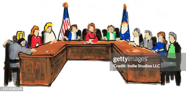 illustration of a panel with flags behind - trade minister stock pictures, royalty-free photos & images