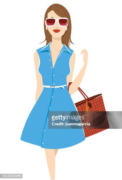 ilustraciones, imágenes clip art, dibujos animados e iconos de stock de mujer elegante con vestido de verano y bolso - melena mediana