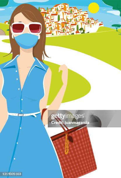 stockillustraties, clipart, cartoons en iconen met elegant meisje met covid 19 masker, dat door het platteland loopt - mouwloze jurk