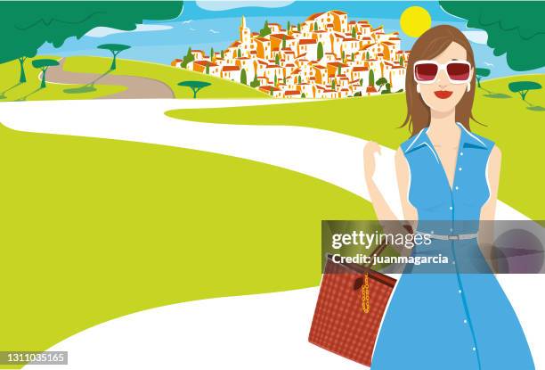 ilustraciones, imágenes clip art, dibujos animados e iconos de stock de mujer elegante con vestido de verano caminando en el campo - melena mediana