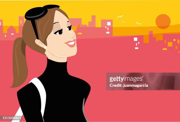 illustrazioni stock, clip art, cartoni animati e icone di tendenza di bella ragazza con maglione a collo alto cammina per la città - ciudad