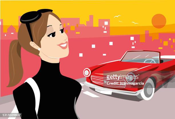 illustrazioni stock, clip art, cartoni animati e icone di tendenza di bella ragazza nel dolcevita guarda un'auto convertibile - ciudad