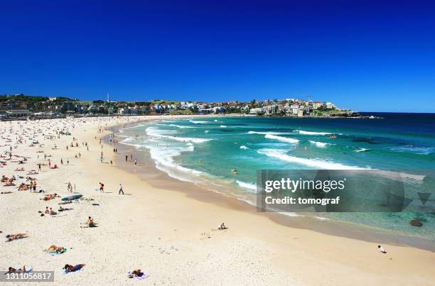 entspannung am bondi strand in sydney, australien - strand bondi beach stock-fotos und bilder