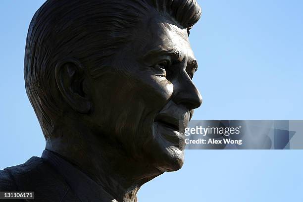 Statue of former President Ronald Reagan is seen after its unveiling ceremony at Ronald Reagan Washington National Airport November 1, 2011 in...