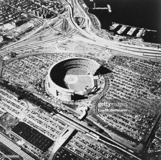 Aerial view of Shea Stadium on the final day of the 1969 World Series, with the New York Mets playing the Baltimore Orioles, in Flushing Meadows in...