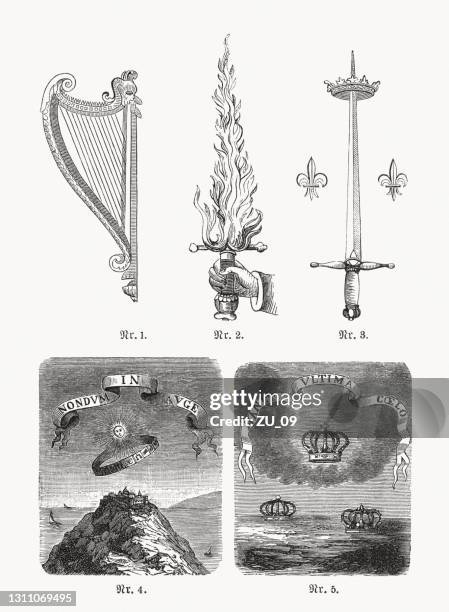 stockillustraties, clipart, cartoons en iconen met historische motto's, houtgravures, gepubliceerd in 1893 - harp