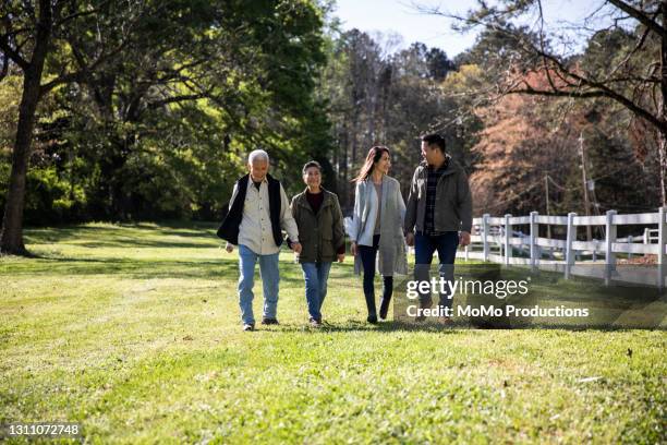 multi-generational family walking in pasture on farm - stone mountain stock pictures, royalty-free photos & images