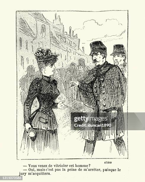 woman arguing with police officers, victorian french cartoon, 19th century - row police stock illustrations
