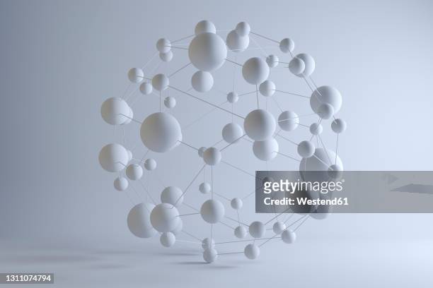 three dimensional render of white connected spheres - connection imagens e fotografias de stock