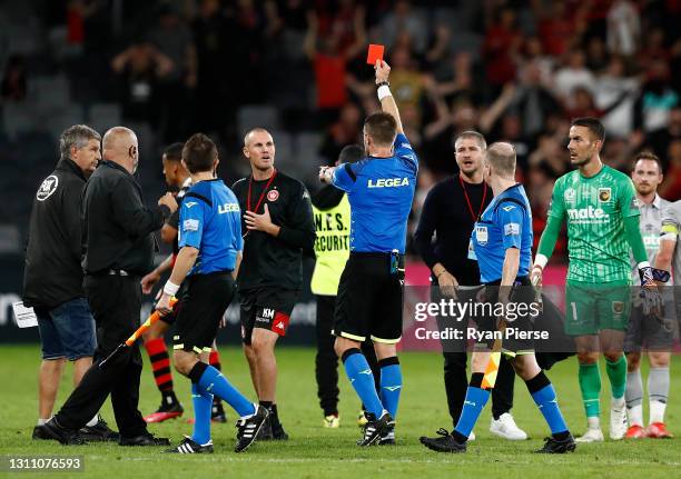 Wanderers Assistant Coach Kenny Miller is given a straight red card after full time during the A-League match between Western Sydney Wanderers FC and...