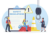 Vector of an OSHA inspector visiting construction site to assure occupational safety and health of workers