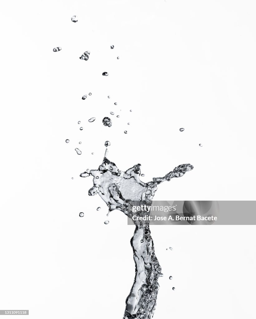 Jet of water with splashes and drops on a white background.