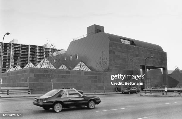 The pyramidal skylights which light the exhibition space are visible in this view of the Museum of Contemporary Art on Grand Avenue in Los Angeles,...