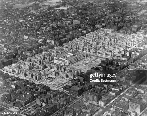 Aerial view of Ten Eyck Houses, a public housing development under construction in the Williamsburg neighbourhood of the Brooklyn borough of New York...