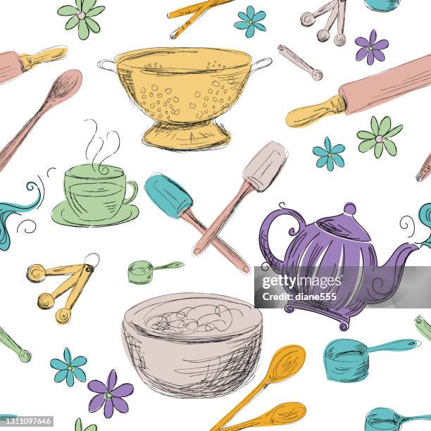 retro kitchen gadget seamless pattern - wooden spoon stock illustrations
