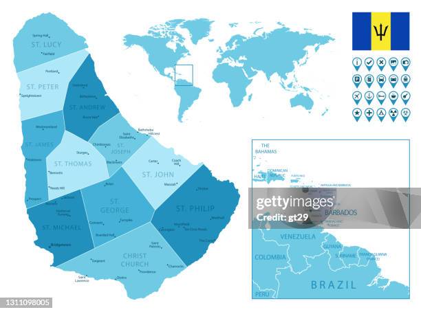 Barbados Detailed Administrative Blue Map With Country Flag And Barbados Detailed Administrative Blue Map With Country Flag And Location On The World Map 