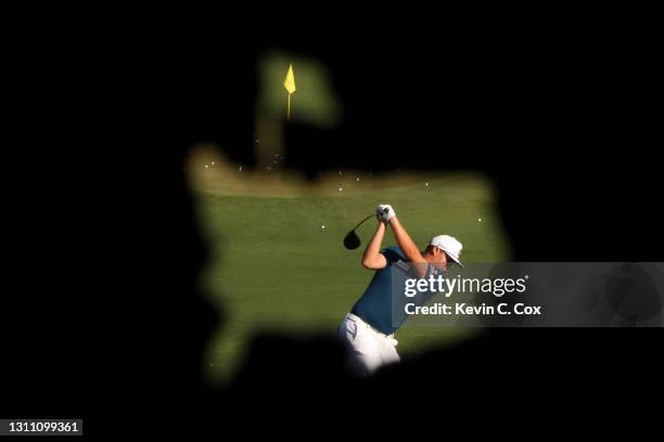 Sungjae Im of South Korea warms up on the range during a practice round prior to the Masters at Augusta National Golf Club on April 06, 2021 in...