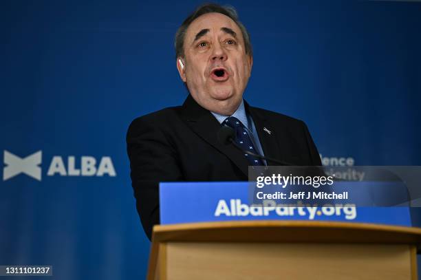 Former First Minister Alex Salmond speaks during the Alba Party campaign launch on April 06, 2021 in Ellon, Scotland. The former first minister for...