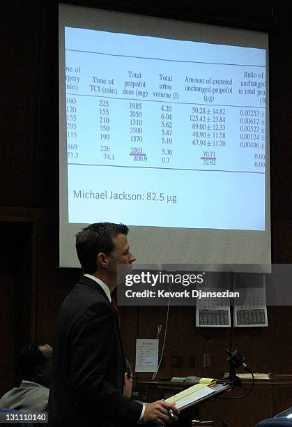 Deputy District Attorney David Walgren projects a chart of a propofol study during the final stage of Conrad Murray's defense in his involuntary...